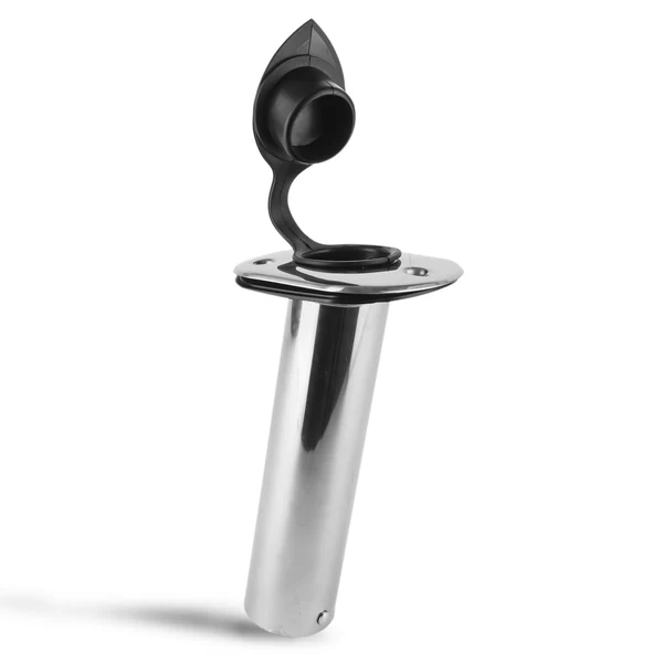 Stainless Steel Flush-Mount Fishing Rod Holder, 15-Degree Top Flange, PVC Tube Inside with Flip-up Cap, PVC Gasket, Open Base